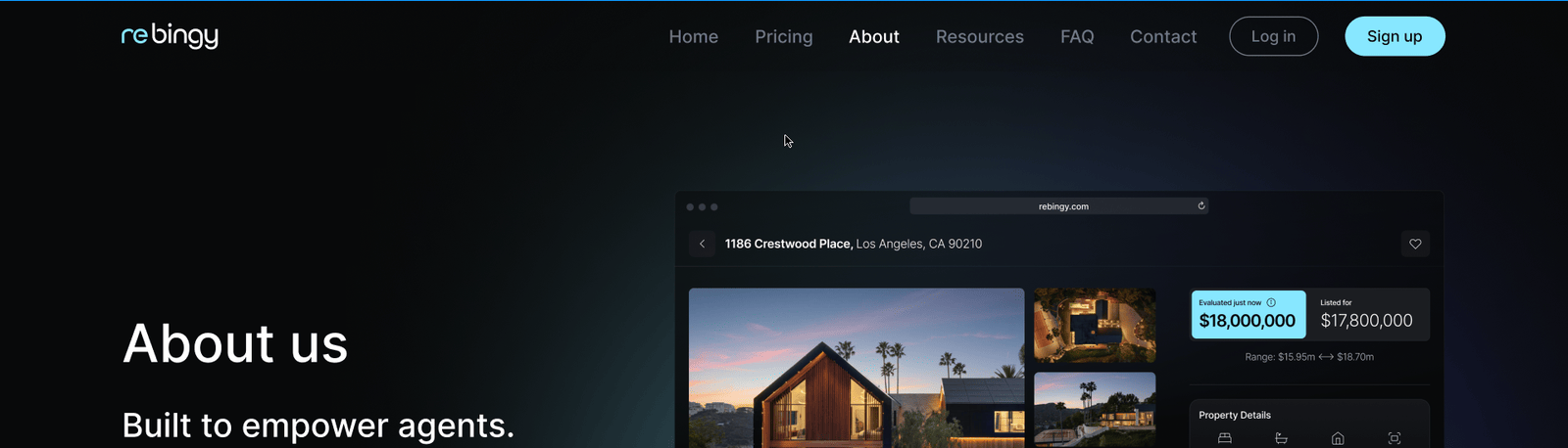 Rebingy about page with site navigation, the powered-by-agents story, and an in-product property evaluation for 1186 Crestwood Place