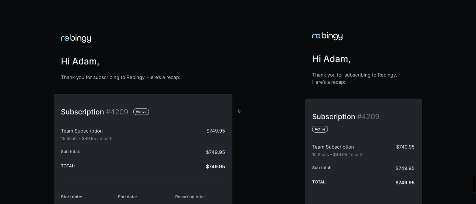 Rebingy subscription confirmation emails in desktop and mobile variants showing subscription number, plan, seats, and totals