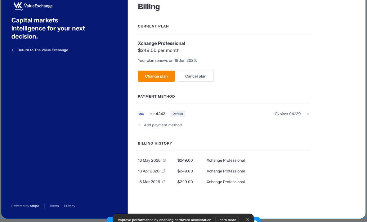 ValueXchange Stripe customer portal for subscription and billing management