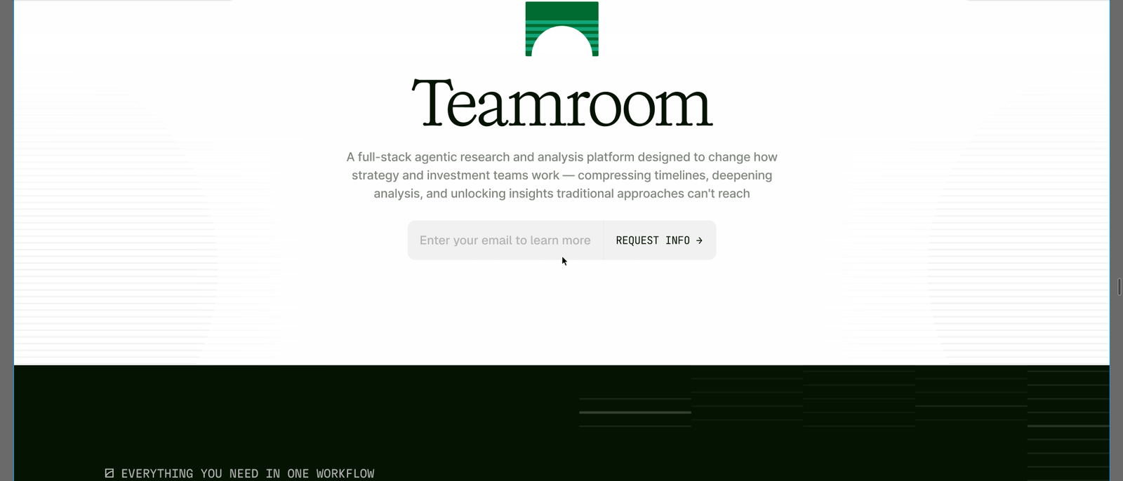 Bridgetown Teamroom product hero with the green arch logo, an agentic-research-platform description, and an email request-info block